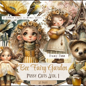 Puede incluir: Ilustración digital con hadas, un oso y una casita. El texto dice "Bee Fairy Garden Fussy Cuts Vol. 1" y "A little magic in every bloom". La paleta de colores incluye amarillo, verde y marrón.