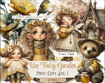 May include: A digital artwork with illustrations of fairies, a bear, and a cottage. The text reads "Bee Fairy Garden Fussy Cuts Vol. 1" and "A little magic in every bloom". The color scheme includes yellow, green, and brown tones.