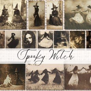 May include: A collage of vintage-style images featuring witches in various poses. Some witches are wearing black pointed hats, while others are wearing white dresses. The images are in black and white and have a sepia tone. The text "Spooky Witch" is written in cursive at the bottom of the collage.
