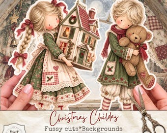 Vintage Christmas Childas Junk Journal Kit, 32 Printable Pages, Christmas Dolls Fussy Cuts, Shabby Chic Scrapbook Papers, Digital Download