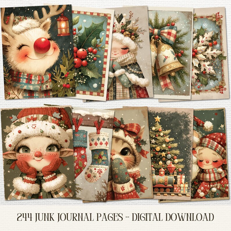 May include: A collection of vintage-style Christmas-themed junk journal pages. The illustrations feature adorable characters like a reindeer, elf, and cat, along with festive elements such as holly, bells, and a Christmas tree. The text at the bottom reads "244 JUNK JOURNAL PAGES - DIGITAL DOWNLOAD."