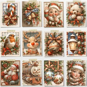May include: A collection of twelve Christmas-themed cards. Each card features a different festive illustration, including a candy cane, a Christmas wreath, an elf, a teddy bear, a robin, a reindeer, a Christmas ornament, a lantern, Santa Claus, a train, and a woman.
