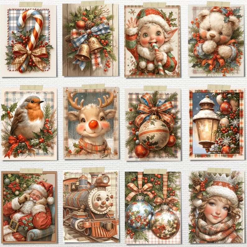 May include: A collection of twelve Christmas-themed cards. Each card features a different festive illustration, including a candy cane, a Christmas wreath, an elf, a teddy bear, a robin, a reindeer, a Christmas ornament, a lantern, Santa Claus, a train, and a woman.