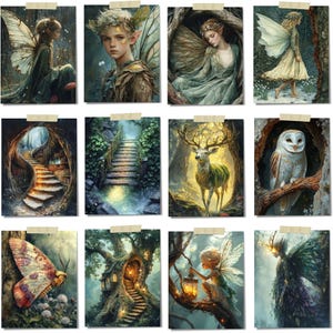 Peut inclure: Une collection de douze impressions d'art fantastiques repr&eacute;sentant des f&eacute;es, un cerf et un hibou. Les impressions pr&eacute;sentent des illustrations d&eacute;taill&eacute;es avec des palettes de couleurs douces, repr&eacute;sentant des sc&egrave;nes de nature et de cr&eacute;atures mythiques. Chaque impression est fix&eacute;e avec du ruban adh&eacute;sif.