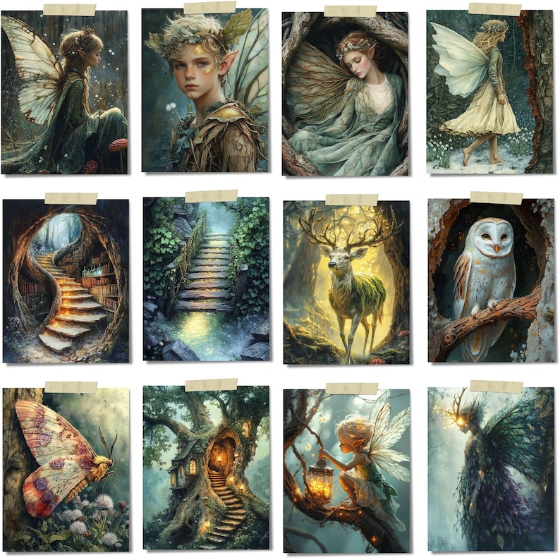 Peut inclure: Une collection de douze impressions d'art fantastiques repr&eacute;sentant des f&eacute;es, un cerf et un hibou. Les impressions pr&eacute;sentent des illustrations d&eacute;taill&eacute;es avec des palettes de couleurs douces, repr&eacute;sentant des sc&egrave;nes de nature et de cr&eacute;atures mythiques. Chaque impression est fix&eacute;e avec du ruban adh&eacute;sif.