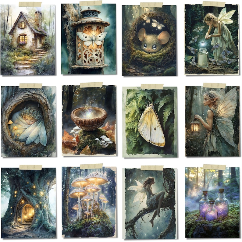 Op de afbeelding: Een verzameling van twaalf aquarelprints met grillige sprookjessc&egrave;nes. De prints tonen een fee&euml;nhuis, een lantaarn met een vlinder, een muis in een nest, fee&euml;n en gloeiende paddenstoelen. Het kleurenpalet omvat groen, blauw en bruin.