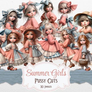Stampabili per ragazze estive, Fussy Cuts, Cottage Girl, Whimsical Girl, Junk Journal, Scrapbooking, Forniture per biglietti, Effimeri estivi digitali