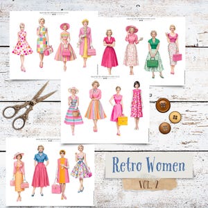 May include: A selection of paper dolls depicting retro women's fashion, showcasing dresses, hats, and accessories in bright colours. Includes decorative scissors and three brown buttons. The text "Retro Women Vol. 2" is also visible.