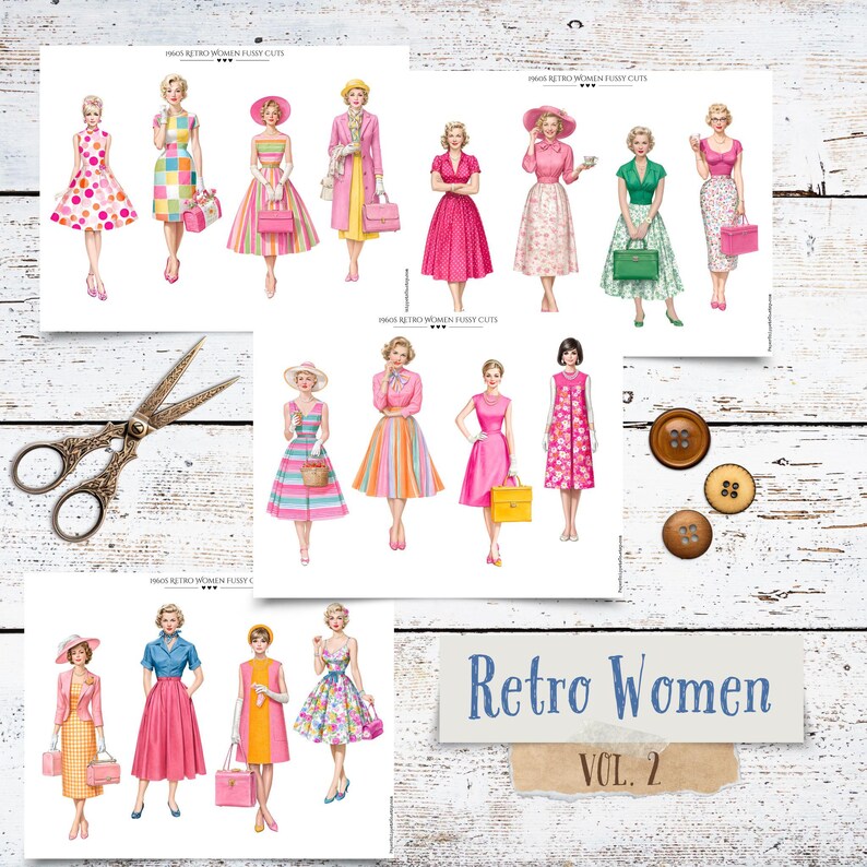 May include: A selection of paper dolls depicting retro women's fashion, showcasing dresses, hats, and accessories in bright colours. Includes decorative scissors and three brown buttons. The text "Retro Women Vol. 2" is also visible.