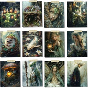 Peut inclure: Une collection de douze impressions d'art fantastiques, chacune repr&eacute;sentant des cr&eacute;atures et des sc&egrave;nes mystiques. Les images pr&eacute;sentent des f&eacute;es, un chat, un h&eacute;risson, une carpe ko&iuml; et d'autres &eacute;l&eacute;ments de la for&ecirc;t. La palette de couleurs comprend des verts, des bruns et un &eacute;clairage doux.