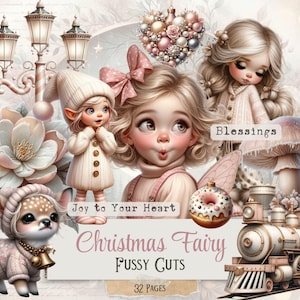 Könnte beinhalten: Eine digitale Collage mit weihnachtlichen Illustrationen. Das Bild zeigt feenartige Figuren, ein Reh in einem Pullover, einen Zug und florale Elemente. Der Text enthält "Christmas Fairy Fussy Cuts" und "Joy to Your Heart". Die Farbpalette ist weich und pastellfarben.