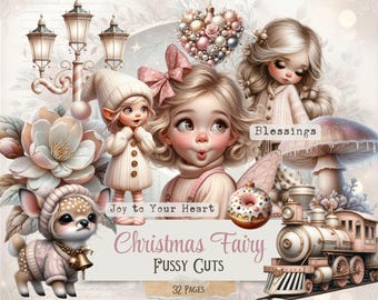 May include: A digital collage featuring whimsical Christmas-themed illustrations. The image includes fairy-like figures, a deer in a sweater, a train, and floral elements. Text includes "Christmas Fairy Fussy Cuts" and "Joy to Your Heart". The color palette is soft and pastel.