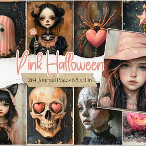 Könnte beinhalten: Eine Collage von skurrilen Illustrationen im Vintage-Stil mit einem rosa Halloween-Thema. Die Bilder zeigen einen Geist, ein Skelett, eine Spinne mit einem Herzen, ein Mädchen mit Hexenhut, ein Mädchen mit Katzenohren, einen Schädel mit Herzaugen und ein rissiges Gesicht. Der Text lautet "Pink Halloween" und "264 Journalseiten 21,6 x 27,9 cm."
