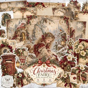 Può includere: Un kit per junk journal Christmas Fairy con fogli di carta ed effimeri in stile vintage. La collezione include illustrazioni di fate, paesaggi innevati, cassette postali rosse, calze natalizie e composizioni floreali con fiocchi rossi.