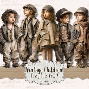 Op de afbeelding: Een digitale collage met vijf kinderen gekleed in vintage kleding. De kinderen dragen hoeden, jassen en overalls in gedempte tinten bruin, beige en grijs. De afbeelding bevat de tekst "Vintage Children Fussy Cuts Vol. 7" en "60 Images".