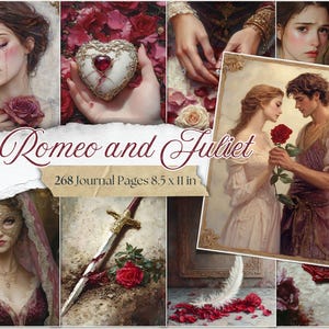 Romeo en Julia ongewenste dagboekpagina's romantiek digitaal papier tragische liefde plakboek Shakespeare drama afdrukbare romantische ephemera shabby chic