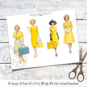 May include: A print featuring four illustrations of women in yellow dresses and accessories, with the text "1960S RETRO WOMEN FUSSY CUTS". The sheet measures 27.9 x 21.6 cm. A pair of scissors is in the bottom right corner.