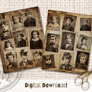 May include: A collage of vintage photographs of children, arranged in a grid pattern on a textured background. The photos are in black and white and feature children of various ages, dressed in clothing from the early 1900s.
