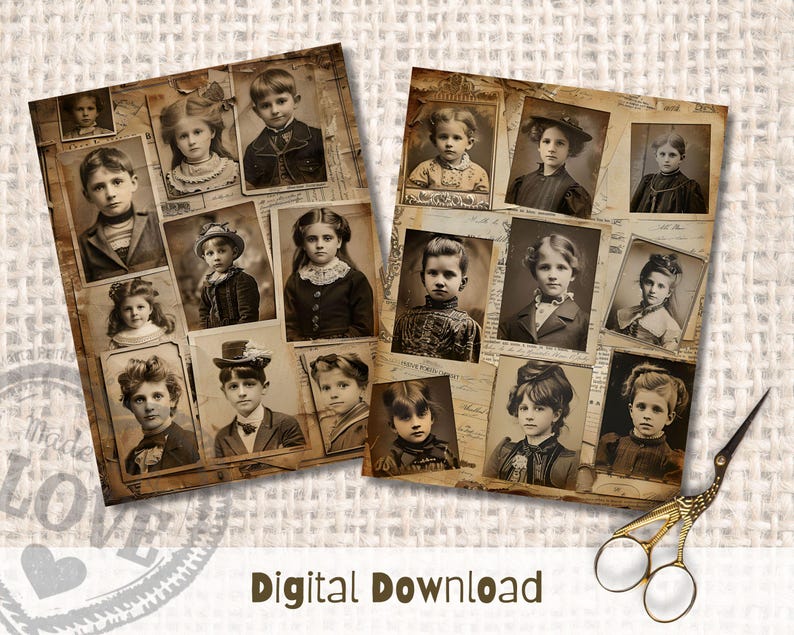 May include: A collage of vintage photographs of children, arranged in a grid pattern on a textured background. The photos are in black and white and feature children of various ages, dressed in clothing from the early 1900s.