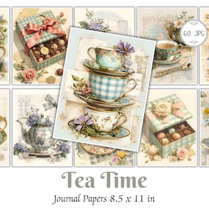 Páginas de diário de chá vintage, suprimentos para scrapbook imprimíveis de bule de chá, papéis digitais para chá de aquarela, itens efêmeros para chá da tarde Shabby Chic