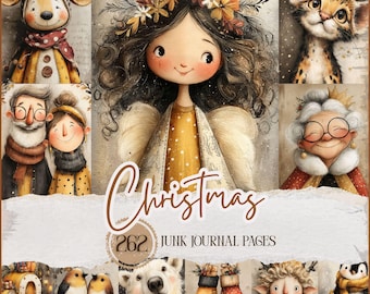 May include: A collage of whimsical Christmas illustrations. The central image is of a girl with angel wings and a floral crown. Other images include a deer, a cat, a couple, a polar bear, and a penguin. The word "Christmas" is written in a decorative font.