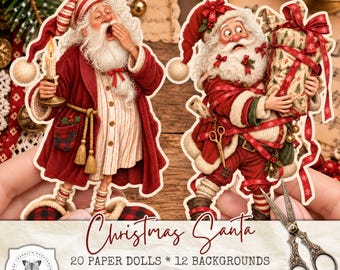 Christmas Santa Paper Dolls, Quirky Santa Clipart Bundle PNG, 12 Christmas Backgrounds, Santa Fussy Cuts, Junk Journal Digital Download