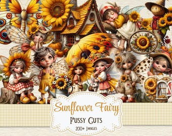 May include: A digital illustration featuring multiple fairy characters with sunflower accents. The fairies are depicted with wings, wearing outfits in yellow, red, and white. The image includes sunflowers, butterflies, and a small house. Text on the image reads "Sunflower Fairy" and "Fussy Cuts".