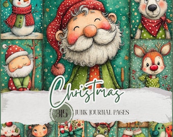 May include: A digital collage featuring Christmas-themed illustrations. The image includes Santa Claus, a snowman, a polar bear, and a reindeer, all in festive attire. The text "Christmas" and "315 Junk Journal Pages" are also present.