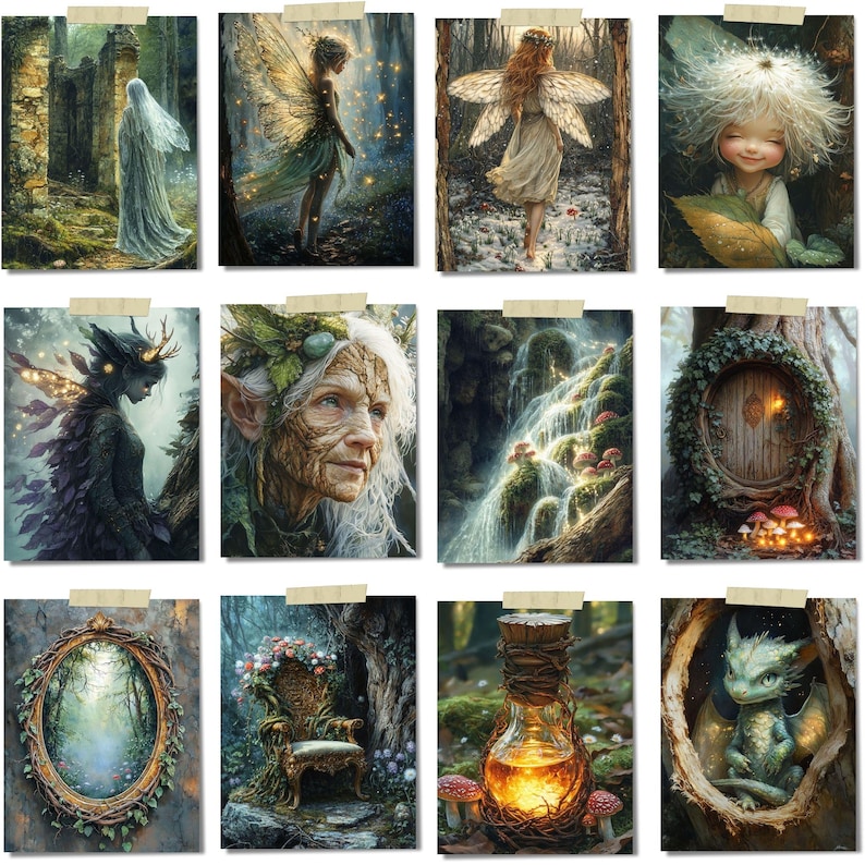 Peut inclure: Une collection de douze impressions d'art fantastiques repr&eacute;sentant des cr&eacute;atures et des sc&egrave;nes mystiques. Les images incluent des f&eacute;es, un dragon, une cascade, une porte de for&ecirc;t et une bouteille de potion. Chaque impression est coll&eacute;e sur un fond blanc.
