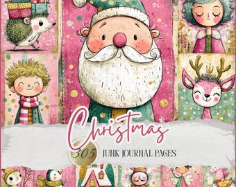 May include: A collage of whimsical Christmas-themed illustrations. Santa Claus, a deer with antlers, and other characters are featured. The text "Christmas" and "305 Junk Journal Pages" are also included. The color palette is primarily pink, green, and white.