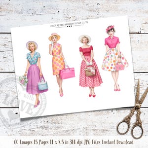 May include: A printed sheet featuring four illustrations of women in 1960s retro attire. The women are depicted in dresses, skirts, and hats, carrying handbags. The text "1960S RETRO WOMEN FUSSY CUTS" is visible. The paper size is 27.9 x 21.6 cm.