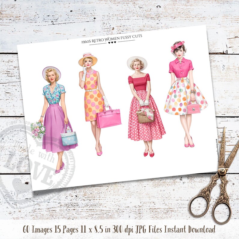 May include: A printed sheet featuring four illustrations of women in 1960s retro attire. The women are depicted in dresses, skirts, and hats, carrying handbags. The text "1960S RETRO WOMEN FUSSY CUTS" is visible. The paper size is 27.9 x 21.6 cm.