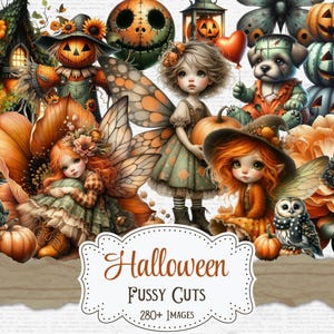Könnte beinhalten: Eine digitale Collage mit Halloween-Illustrationen. Das Bild zeigt Kürbisse, Vogelscheuchen, Feen, einen Frankenstein-Hund und eine Eule. Der Text "Halloween Fussy Cuts" wird auf einem dekorativen Banner mit der Zahl "280+" darunter angezeigt.