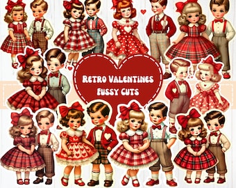 May include: A set of 14 digital clipart images featuring retro-style Valentine's Day characters. The characters are dressed in red and white plaid, red and white polka dots, and red and white hearts. The images are perfect for creating Valentine's Day cards, invitations, and other crafts.