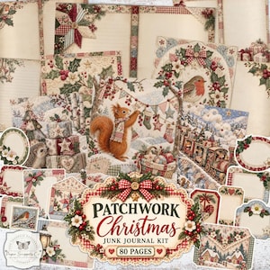 Op de afbeelding: Een verzameling kerst-thema papier ephemera met een patchwork esthetiek, voorzien van illustraties van een eekhoorn, roodborstje, egel en winterlandschappen. Het centrale label vermeldt Patchwork Christmas Junk Journal Kit 80 Pages.