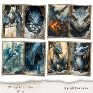 May include: A collection of fantasy art prints featuring various blue dragons in different settings. The artwork includes dragons perched on stone structures, guarding eggs, and soaring through the sky. The prints are labeled as a digital download, 20 pages, 11 x 8.5 inches, and 300 dpi.