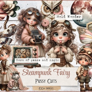 Puede incluir: Collage digital con ilustraciones de hadas steampunk. La imagen incluye personajes caprichosos con gafas, engranajes y elementos vintage. El texto incluye "Steampunk Fairy", "Fussy Cuts" y "400+ Images".