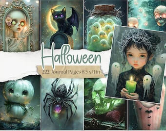 May include: A collection of Halloween-themed journal pages. The images feature a variety of spooky illustrations, including a black cat with bat wings, a girl holding a candle, ghosts, and a smiling pumpkin. The text reads "Halloween" and "222 Journal Pages 8.5 x 11 in."