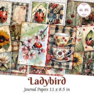 Pagine stampabili di diario vintage di coccinelle, kit di diario di coccinelle acquerellabili, carta per album di ritagli di insetti digitali, effimeri della natura, botanici