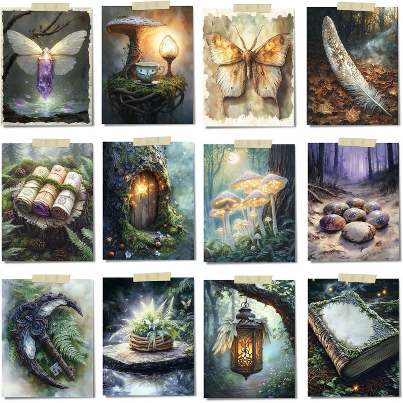 Op de afbeelding: Een verzameling van twaalf fantasiekunstprints, elk met grillige sc&egrave;nes. De afbeeldingen bevatten een fee met een kristal, een paddenstoel met een kopje thee, een vlinder, een veer, rollen, een boomdeur, gloeiende paddenstoelen, een bospad, een sleutel, een mand met planten, een lantaarn en een boek.