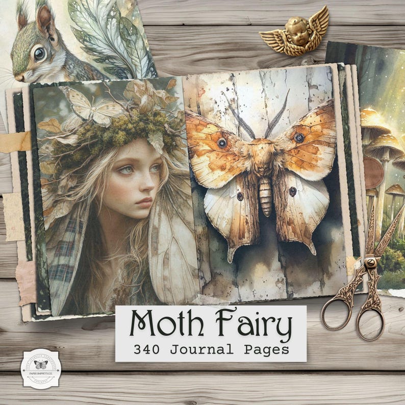 Op de afbeelding: Een dagboek met een mot- en fee&euml;nthema. Het dagboek bevat illustraties van een mot, een vrouw met een bloemenkroon en een eekhoorn. De tekst "Moth Fairy" en "340 Journal Pages" staat op een wit label. Een decoratieve schaar is ook zichtbaar.