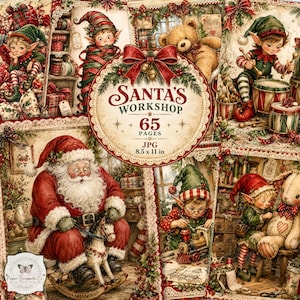 May include: A digital collage sheet titled Santa's Workshop featuring 65 pages of Christmas illustrations. The imagery includes Santa Claus with a rocking horse, elves playing drums and building toy trains, a teddy bear, and festive decor.