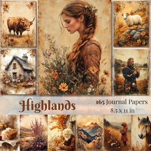 Pagine di diario di scarto Highlands, stampe vintage scozzesi, scrapbooking celtico, carte autunnali digitali, effimeri tartan, kit per diario di scarto scozzese
