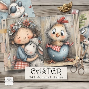Puede incluir: Un diario ilustrado con temática de Pascua. Las páginas muestran a una niña abrazando a un cordero y un pollito saliendo de un huevo. La portada dice "Pascua 243 páginas de diario". Otros elementos incluyen un conejo, un ángel y tijeras decorativas.