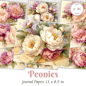 Pages de journal indésirables vintage pivoines, kit de journal indésirable pivoines aquarelles, fournitures de scrapbooking shabby chic, éphémères floraux, papiers victoriens