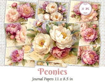 Peony Junk Journal Pages: Shabby Chic Floral Ephemera (Digital Download)