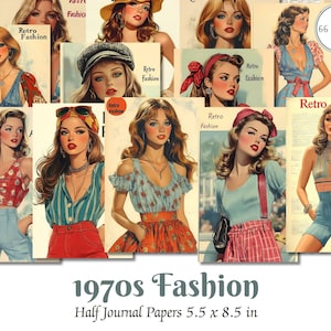 Pagine stampabili di moda retrò anni '70, carte di giornale di moda spazzatura, modelli di cucito anni '70, forniture per scrapbooking, artigianato digitale di effimeri di moda