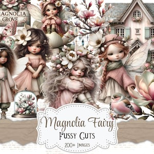 Puede incluir: Un collage digital con muñecas de hadas, mariposas y flores de magnolia en tonos rosas y blancos suaves. El texto incluye "Magnolia Grove" y "Magnolia Fairy Fussy Cuts". La imagen tiene una estética caprichosa y vintage.
