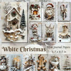 Páginas imprimíveis do diário de lixo de Natal branco, kit de papel para scrapbook vintage, itens rústicos, download digital, imprimíveis vitorianos, Papai Noel