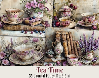 May include: A set of 35 journal pages featuring a vintage tea time theme. The pages are decorated with floral illustrations, teacups, books, and lavender sprigs. The pages are 11 inches by 8.5 inches.